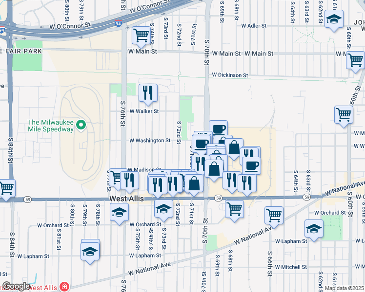 map of restaurants, bars, coffee shops, grocery stores, and more near 1112 South 72nd Street in West Allis