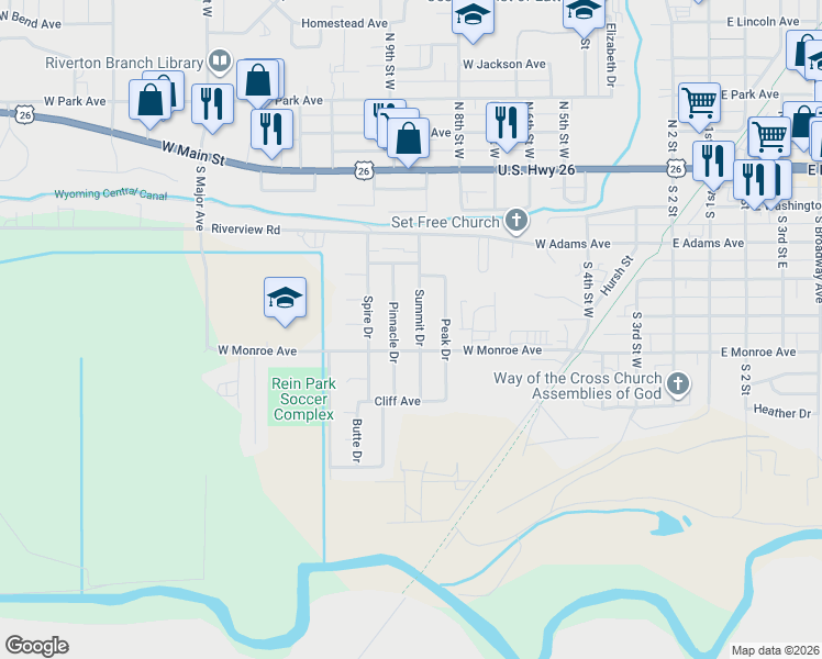 map of restaurants, bars, coffee shops, grocery stores, and more near 510 Summit Drive in Riverton