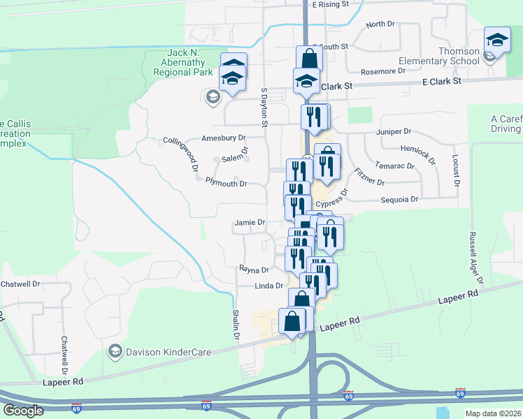 map of restaurants, bars, coffee shops, grocery stores, and more near 305 Delzingro Drive in Davison
