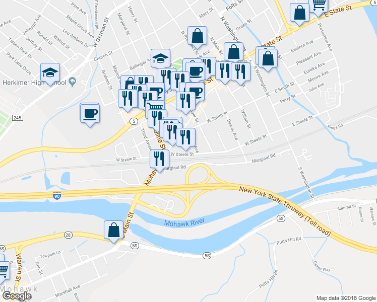 map of restaurants, bars, coffee shops, grocery stores, and more near 315 Miller Ave in Herkimer