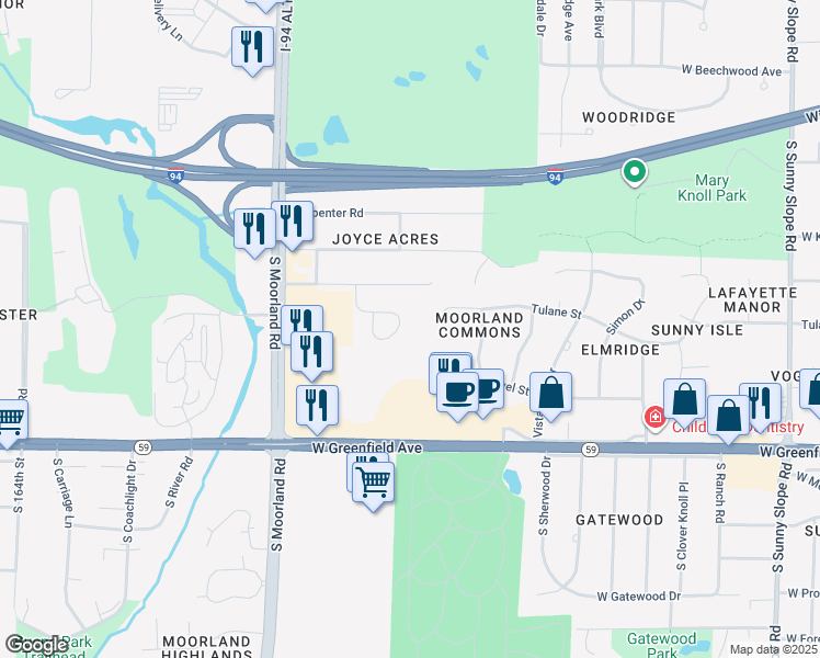 map of restaurants, bars, coffee shops, grocery stores, and more near 15185 Casey Circle in Brookfield