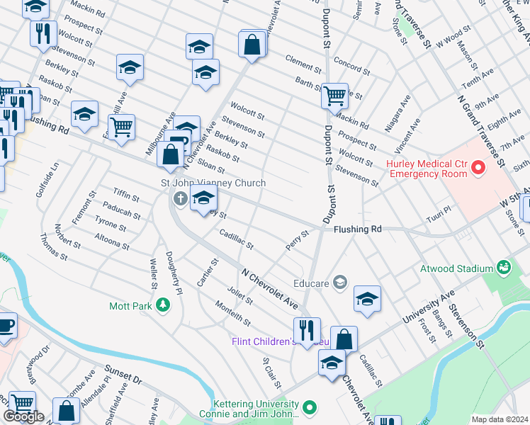 map of restaurants, bars, coffee shops, grocery stores, and more near 2005 Flushing Road in Flint