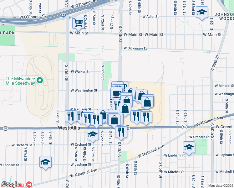map of restaurants, bars, coffee shops, grocery stores, and more near 1115 South 70th Street in West Allis