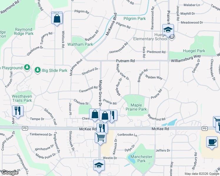map of restaurants, bars, coffee shops, grocery stores, and more near 25 Maple Valley Court in Madison