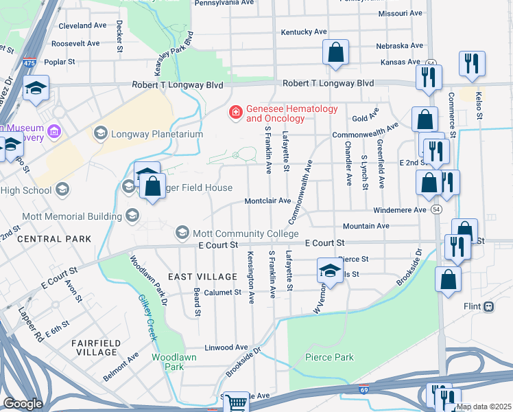 map of restaurants, bars, coffee shops, grocery stores, and more near 1810 Montclair Avenue in Flint