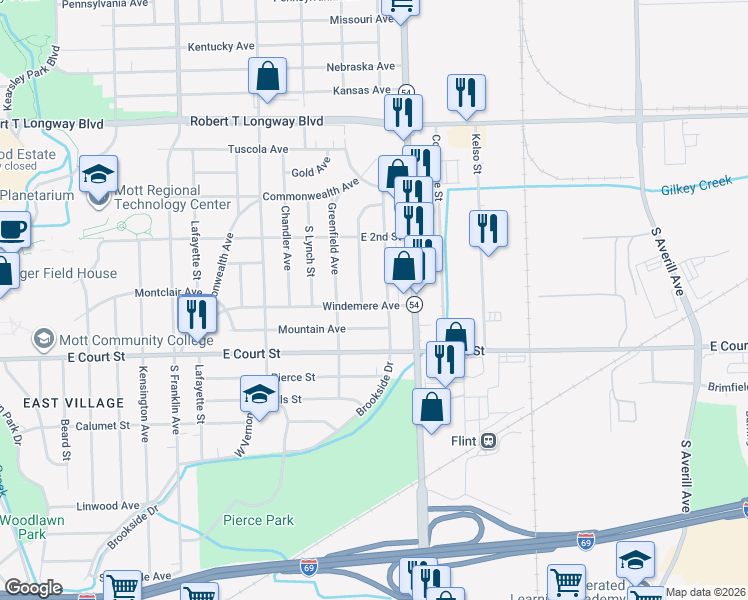 map of restaurants, bars, coffee shops, grocery stores, and more near 2609 Windemere Avenue in Flint