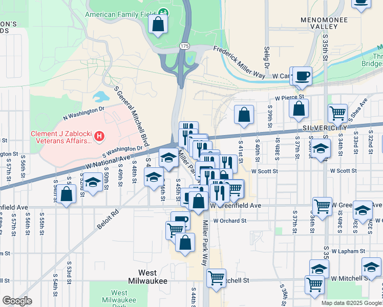 map of restaurants, bars, coffee shops, grocery stores, and more near 1120 Miller Park Way in West Milwaukee