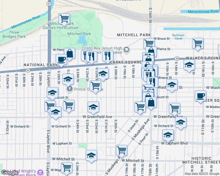 map of restaurants, bars, coffee shops, grocery stores, and more near 1102 South 21st Street in Milwaukee