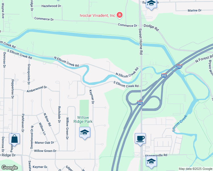 map of restaurants, bars, coffee shops, grocery stores, and more near 565 South Ellicott Creek Road in Buffalo