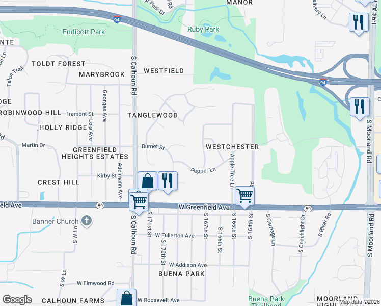 map of restaurants, bars, coffee shops, grocery stores, and more near 1105 Forest Lane in Brookfield