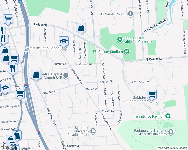 map of restaurants, bars, coffee shops, grocery stores, and more near 1250 Comstock Avenue in Syracuse