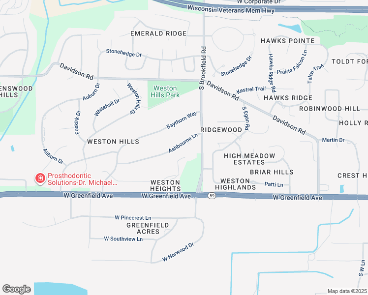 map of restaurants, bars, coffee shops, grocery stores, and more near 19025 Ashbourne Lane in Brookfield