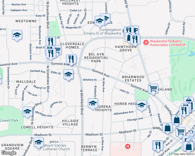 map of restaurants, bars, coffee shops, grocery stores, and more near 1122 Wilshire Place in Waukesha