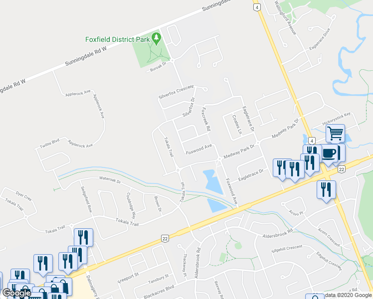 map of restaurants, bars, coffee shops, grocery stores, and more near 2012 Foxwood Avenue in London