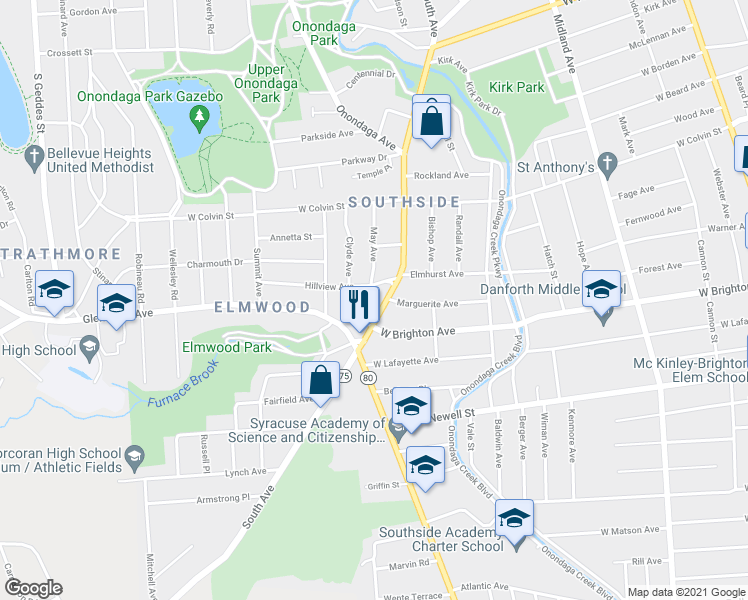 map of restaurants, bars, coffee shops, grocery stores, and more near 1728 South Avenue in Syracuse