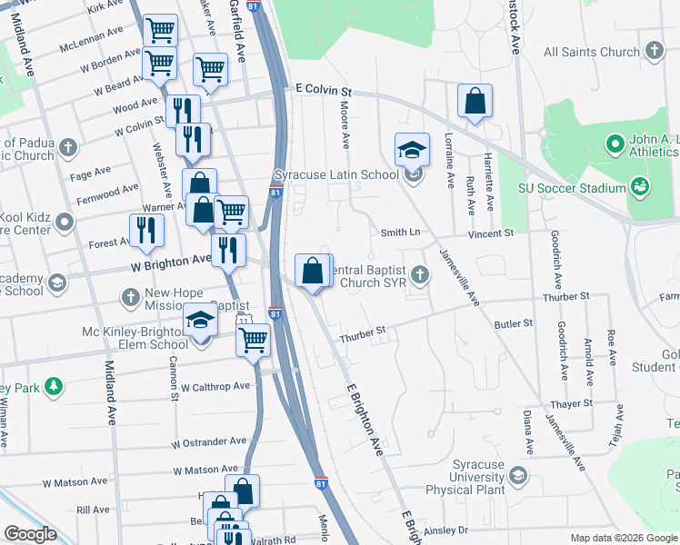map of restaurants, bars, coffee shops, grocery stores, and more near 113 Roney Lane in Syracuse