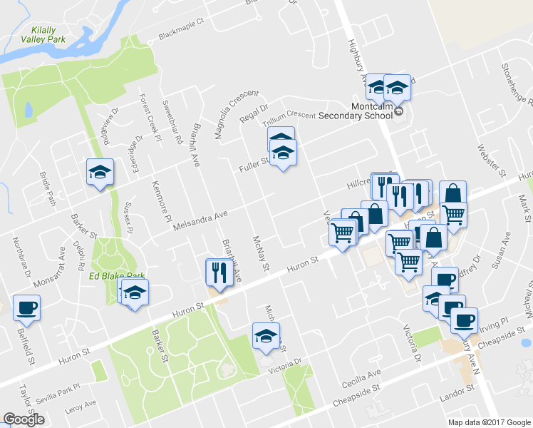 map of restaurants, bars, coffee shops, grocery stores, and more near 329 Regal Drive in London
