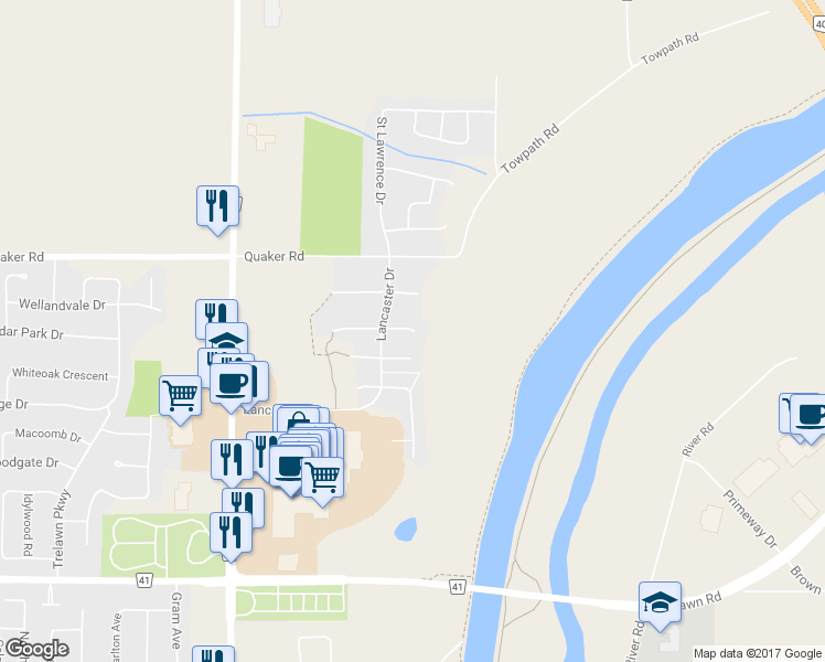 map of restaurants, bars, coffee shops, grocery stores, and more near 81 Jackson Court East in Welland
