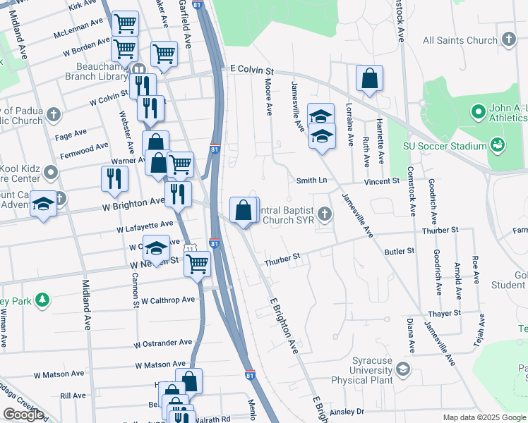 map of restaurants, bars, coffee shops, grocery stores, and more near 113 Roney Lane in Syracuse