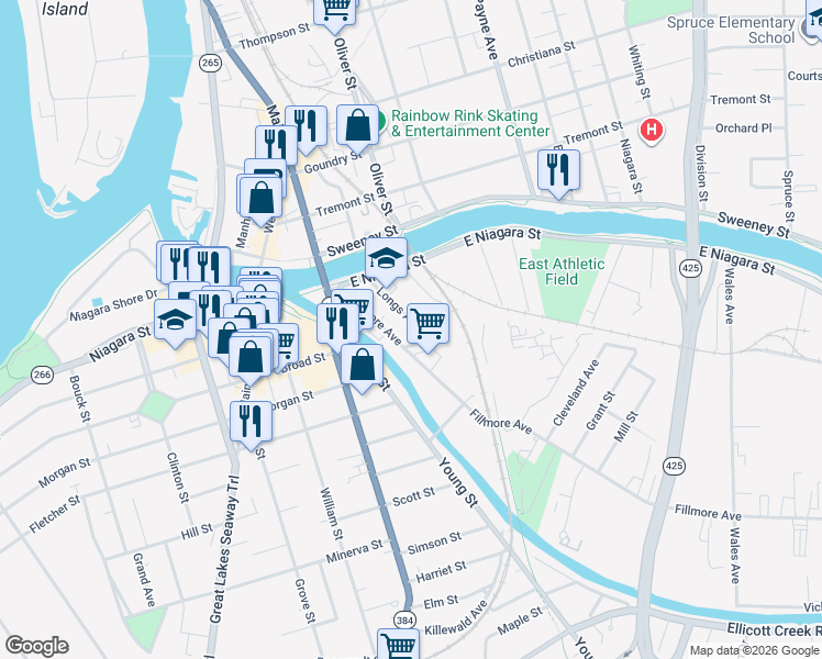 map of restaurants, bars, coffee shops, grocery stores, and more near 83 Longs Avenue in Tonawanda