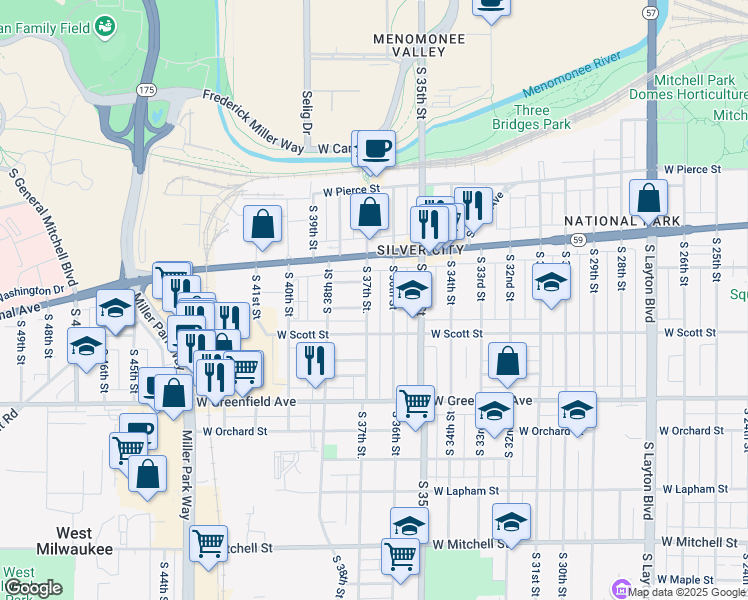 map of restaurants, bars, coffee shops, grocery stores, and more near 1029 South 37th Street in Milwaukee