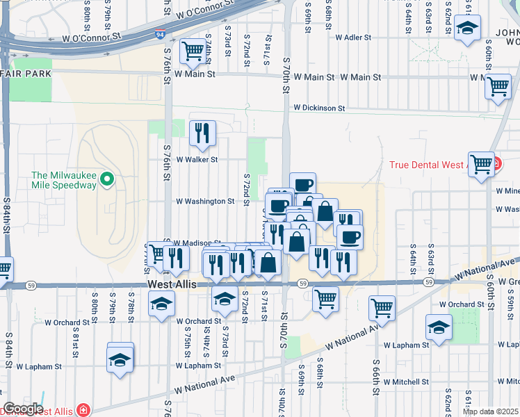 map of restaurants, bars, coffee shops, grocery stores, and more near 1112 South 72nd Street in West Allis