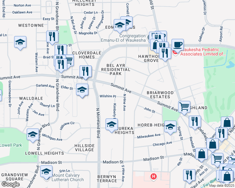 map of restaurants, bars, coffee shops, grocery stores, and more near 1122 Wilshire Place in Waukesha