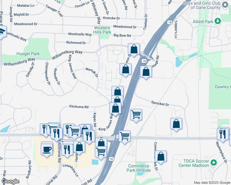 map of restaurants, bars, coffee shops, grocery stores, and more near 5170 Anton Drive in Fitchburg