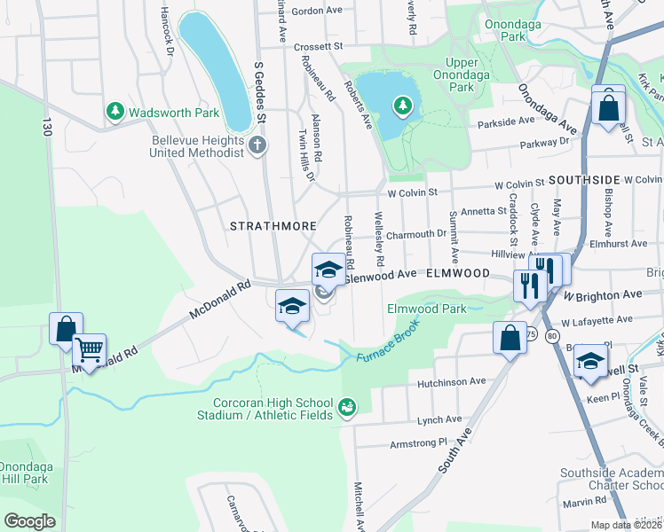 map of restaurants, bars, coffee shops, grocery stores, and more near 805 Stinard Avenue in Syracuse