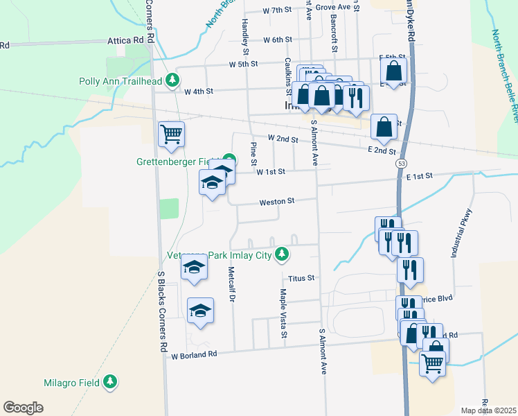 map of restaurants, bars, coffee shops, grocery stores, and more near 215 Weston Street in Imlay City