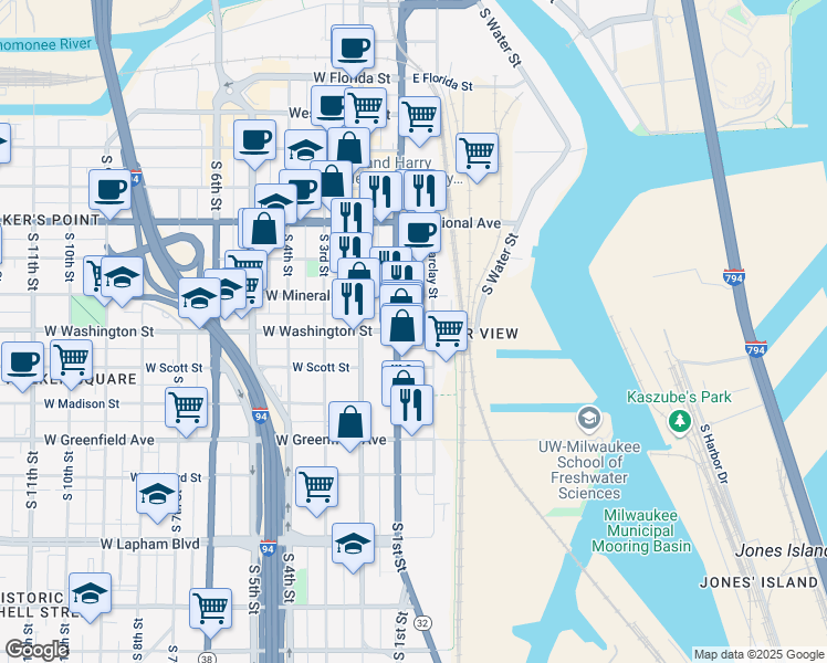 map of restaurants, bars, coffee shops, grocery stores, and more near 121 East Washington Street in Milwaukee