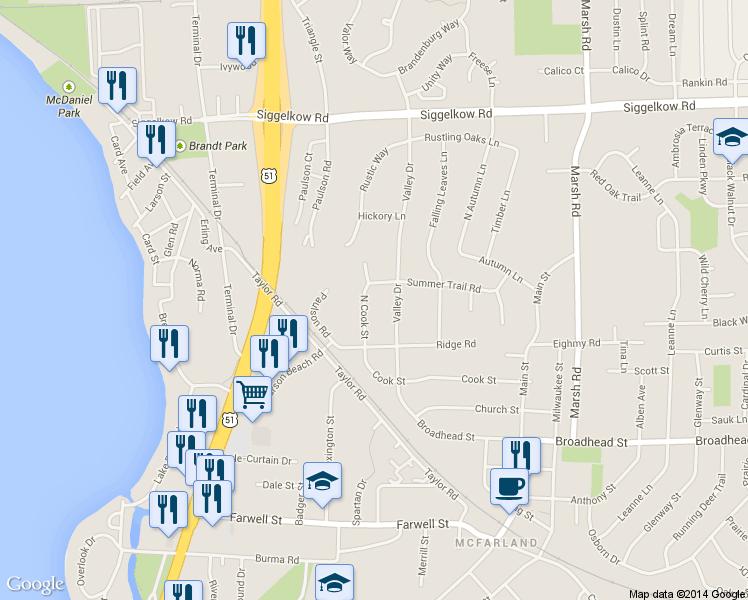 map of restaurants, bars, coffee shops, grocery stores, and more near 5311 N Cook St in McFarland