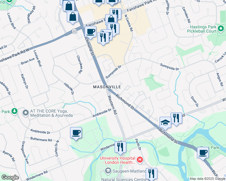 map of restaurants, bars, coffee shops, grocery stores, and more near 1574 Richmond Street in London
