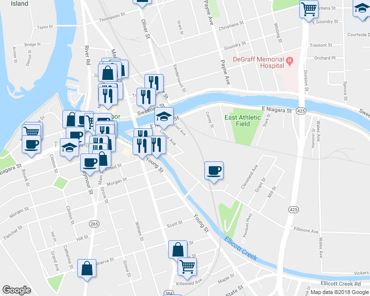 map of restaurants, bars, coffee shops, grocery stores, and more near 83 Longs Avenue in Tonawanda
