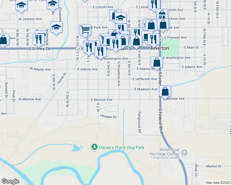 map of restaurants, bars, coffee shops, grocery stores, and more near 321 East Madison Avenue in Riverton