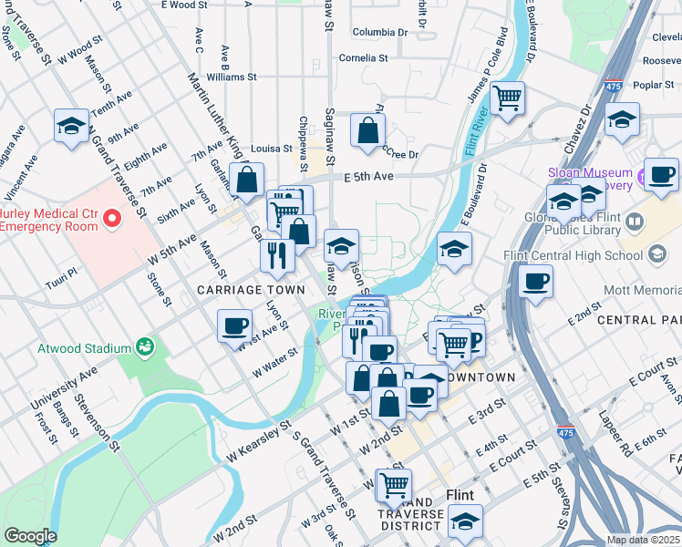 map of restaurants, bars, coffee shops, grocery stores, and more near 432 North Saginaw Street in Flint