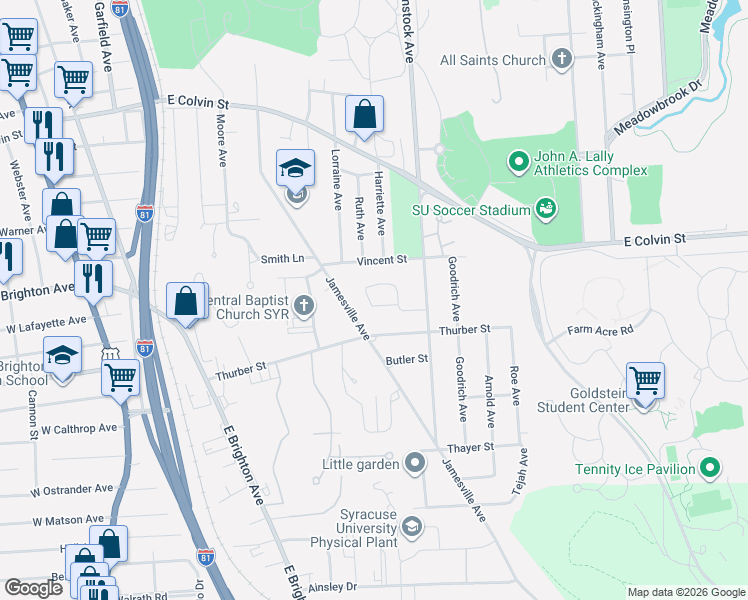 map of restaurants, bars, coffee shops, grocery stores, and more near 110 Xavier Circle in Syracuse