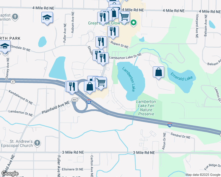 map of restaurants, bars, coffee shops, grocery stores, and more near 3173 Plaza Drive Northeast in Grand Rapids