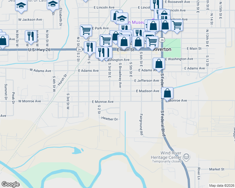 map of restaurants, bars, coffee shops, grocery stores, and more near 316 East Monroe Avenue in Riverton