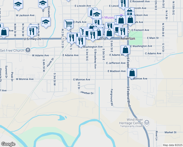 map of restaurants, bars, coffee shops, grocery stores, and more near 316 East Monroe Avenue in Riverton