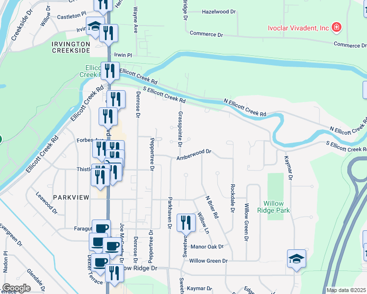 map of restaurants, bars, coffee shops, grocery stores, and more near 14 Grasspointe Drive in Buffalo