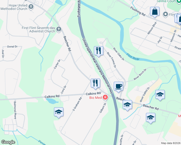 map of restaurants, bars, coffee shops, grocery stores, and more near 4022 Beecher Road in Flint