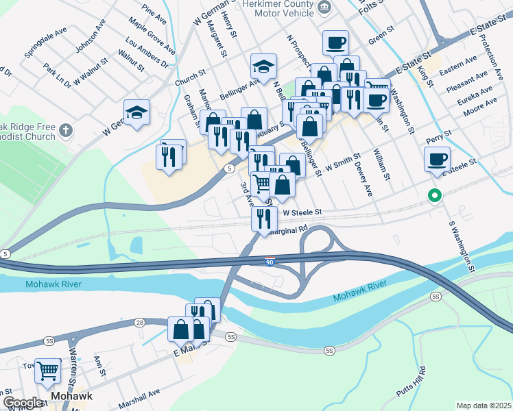 map of restaurants, bars, coffee shops, grocery stores, and more near 220 3rd Avenue in Herkimer