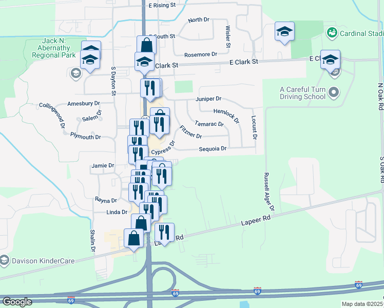 map of restaurants, bars, coffee shops, grocery stores, and more near 304 Sequoia Dr in Davison