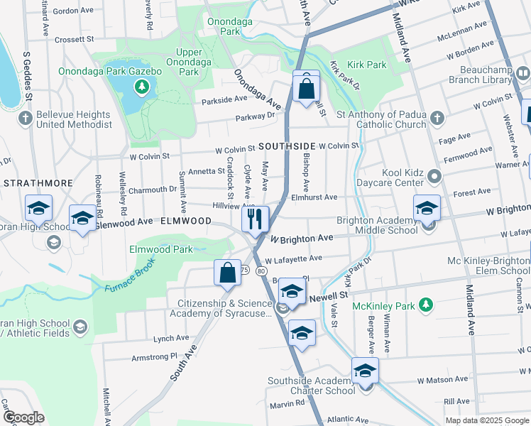 map of restaurants, bars, coffee shops, grocery stores, and more near 1728 South Avenue in Syracuse