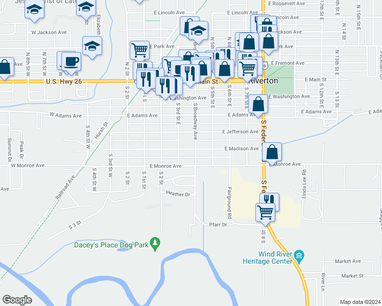 map of restaurants, bars, coffee shops, grocery stores, and more near 316 East Monroe Avenue in Riverton