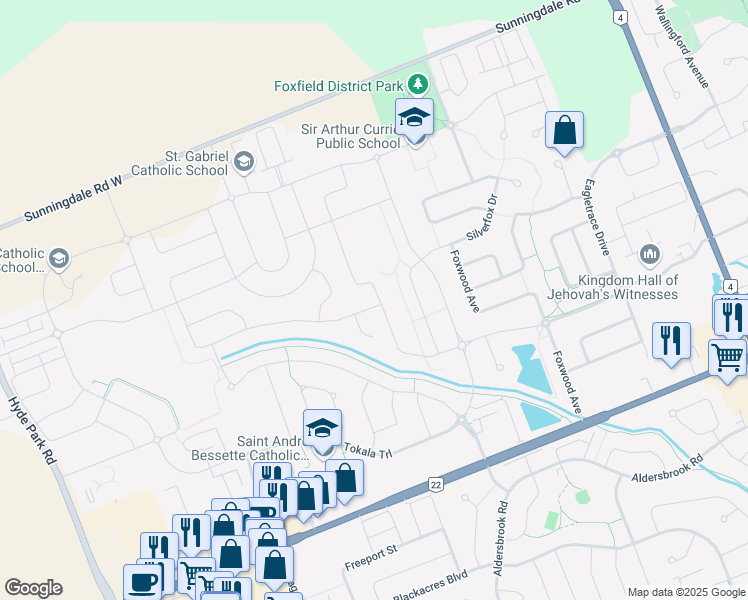 map of restaurants, bars, coffee shops, grocery stores, and more near 1390 Medway Park Drive in London