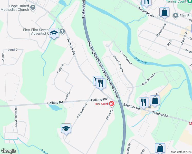 map of restaurants, bars, coffee shops, grocery stores, and more near 4022 Beecher Road in Flint