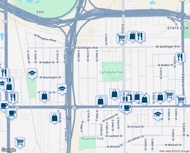 map of restaurants, bars, coffee shops, grocery stores, and more near 1115 South 96th Street in West Allis