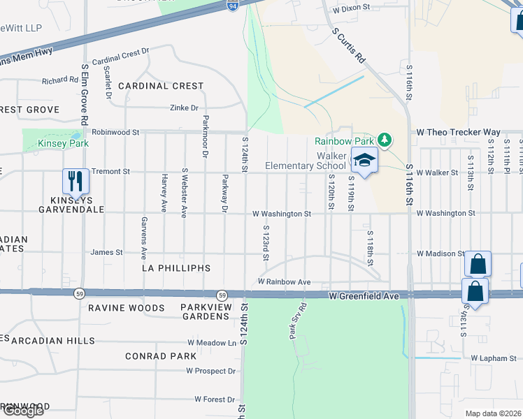 map of restaurants, bars, coffee shops, grocery stores, and more near 1036 South 124th Street in West Allis